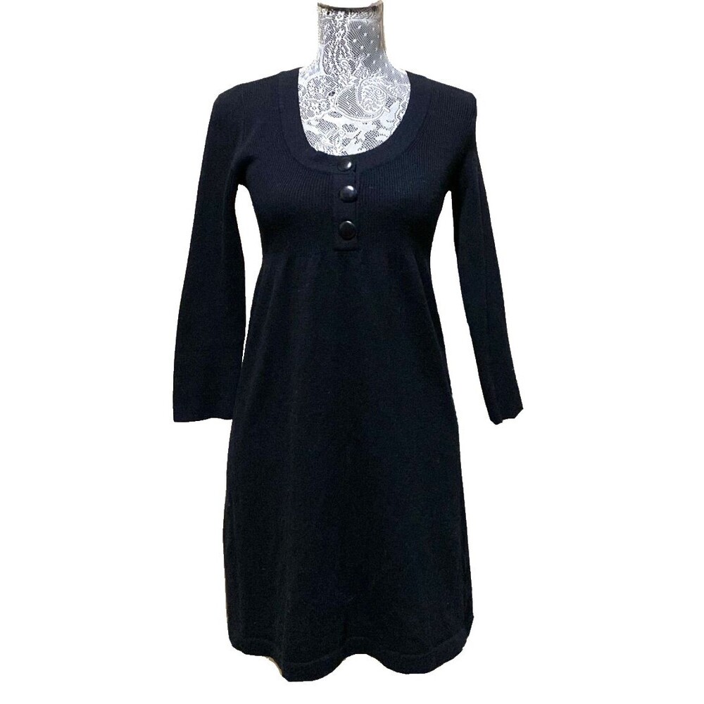 Banana Republic XS Blk Ribbed Knit Sweater Dress Long Sleeve Henley Empire Mini